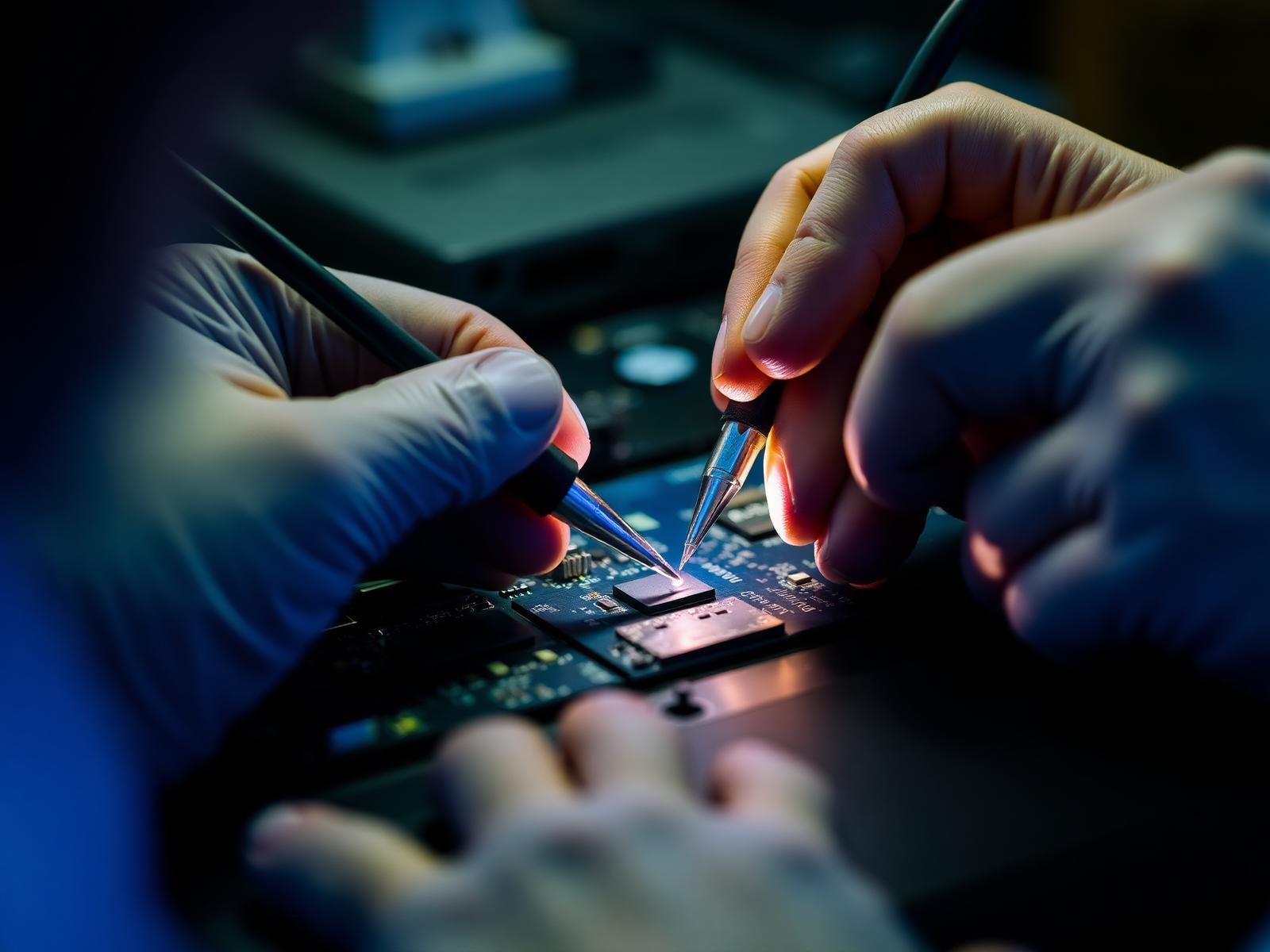 Technician performing precision computer board-level repair